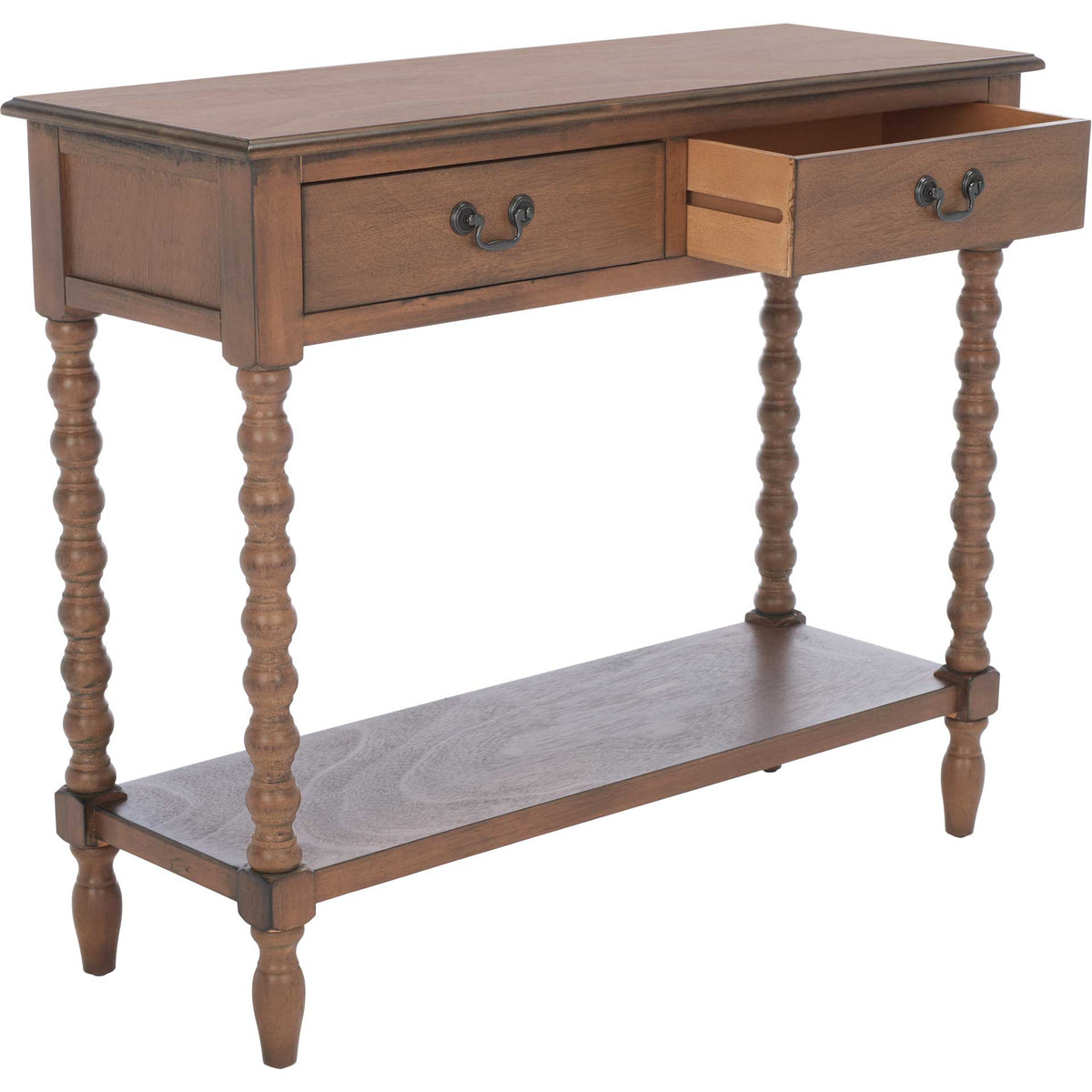 An open drawer reveals convenient storage beneath the brown console's overhanging top.