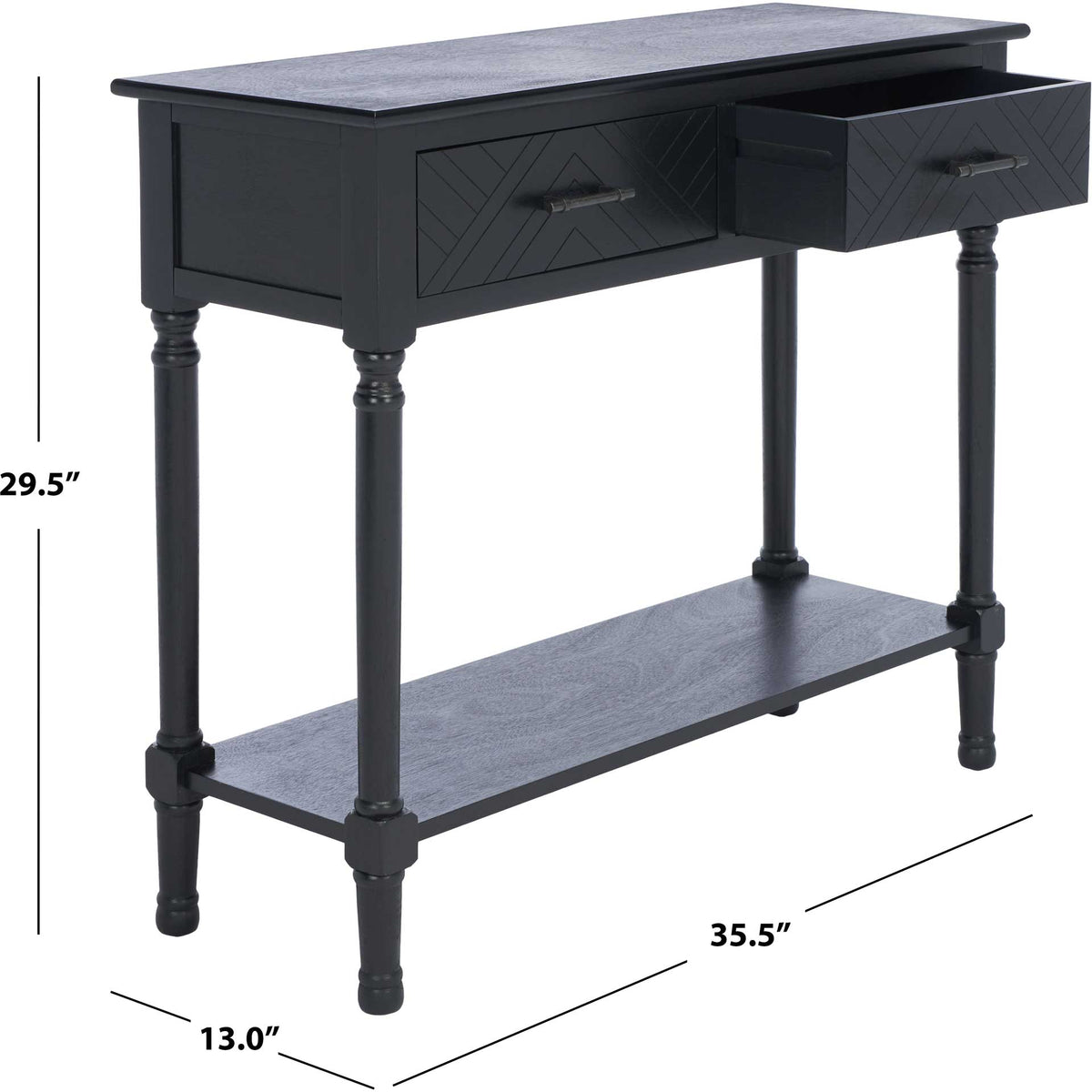 Black two-drawer console measures 35.5 inches wide, 13 inches deep, and 29.5 inches high
