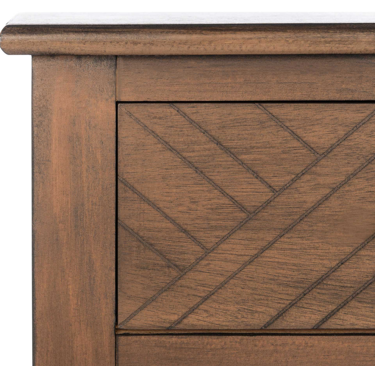 Carved herringbone lines and warm wood grain bring texture to the brown drawer front