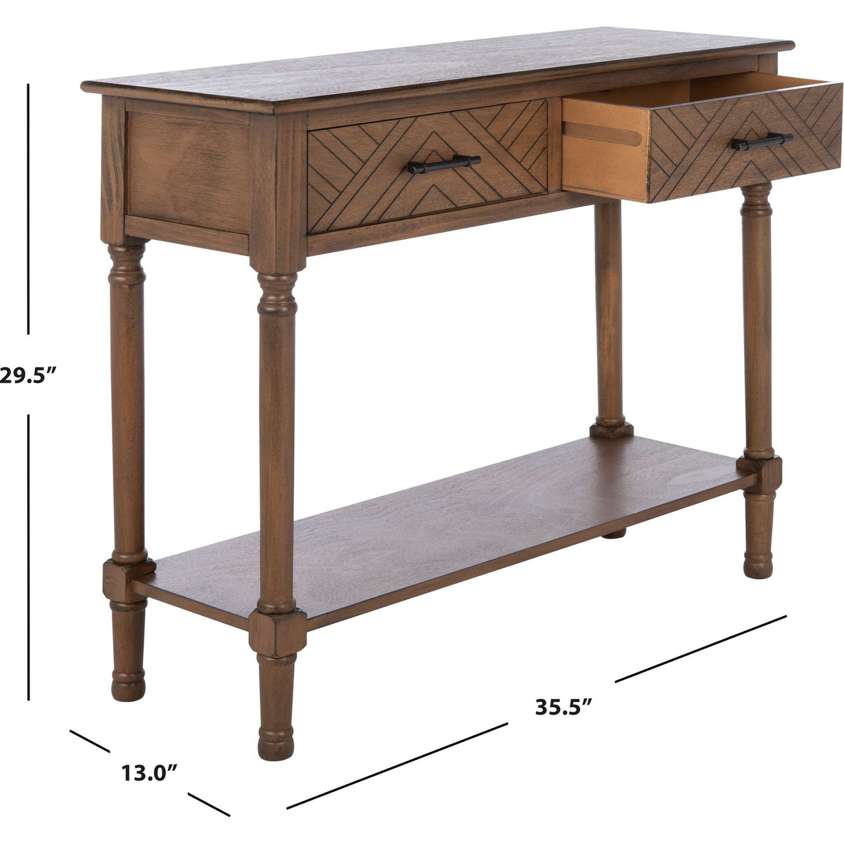 Brown two-drawer console measures 35.5 inches wide, 13 inches deep, and 29.5 inches high