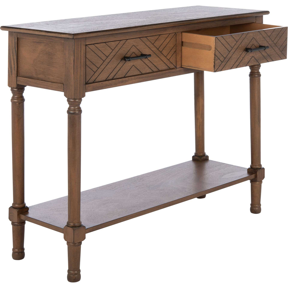 An open drawer reveals storage beneath the brown wood top, beside a herringbone-patterned drawer