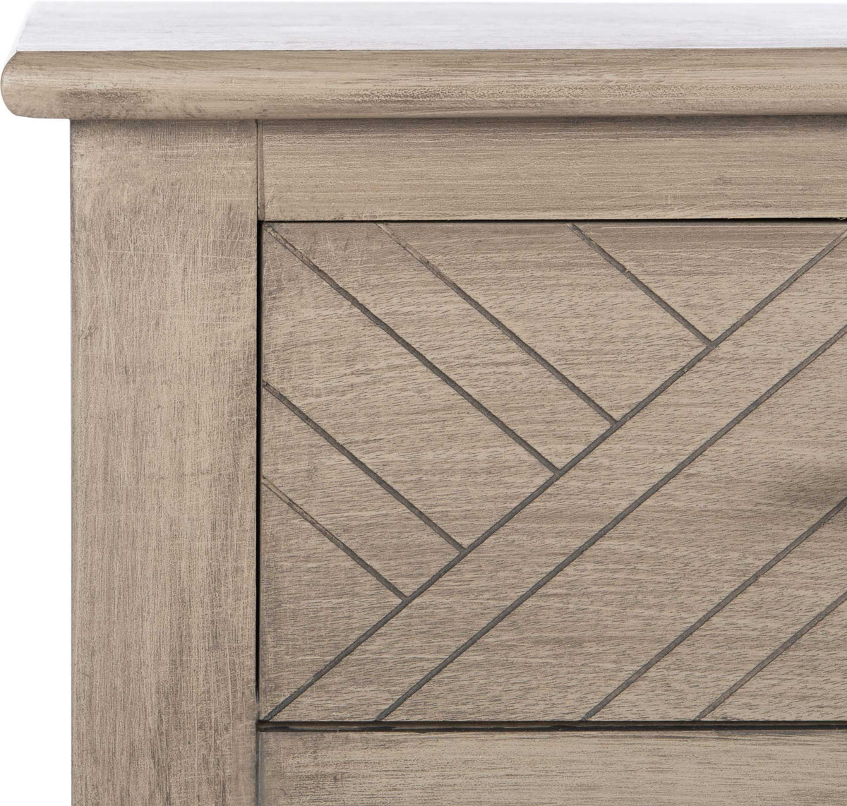 Subtle greige wood grain and etched herringbone lines bring texture to the drawer front