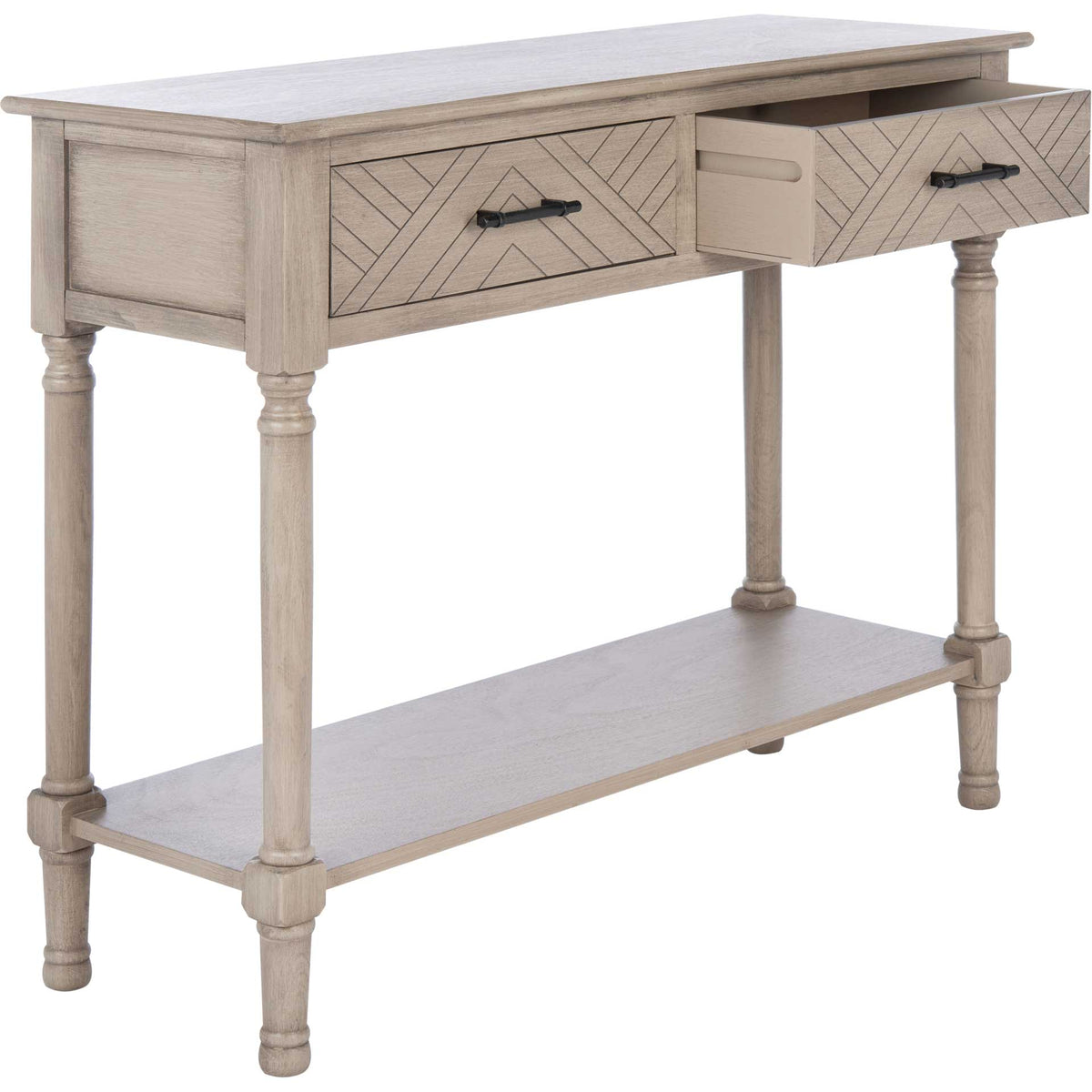 One drawer opens to reveal storage beneath the greige wood top and beside geometric detailing