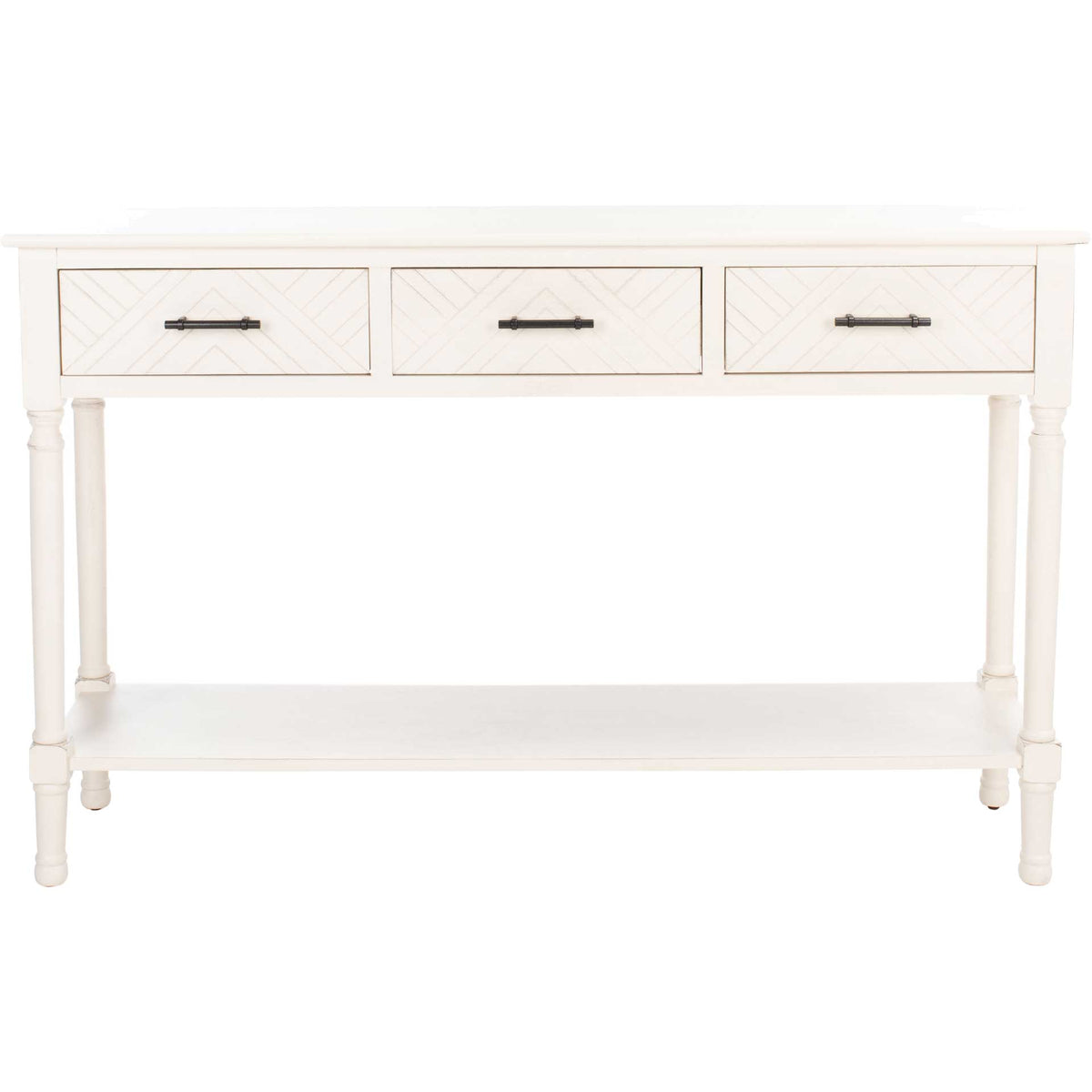 Three herringbone drawers and an open display shelf lend this distressed white console timeless texture || CNS5705A || front_studio
