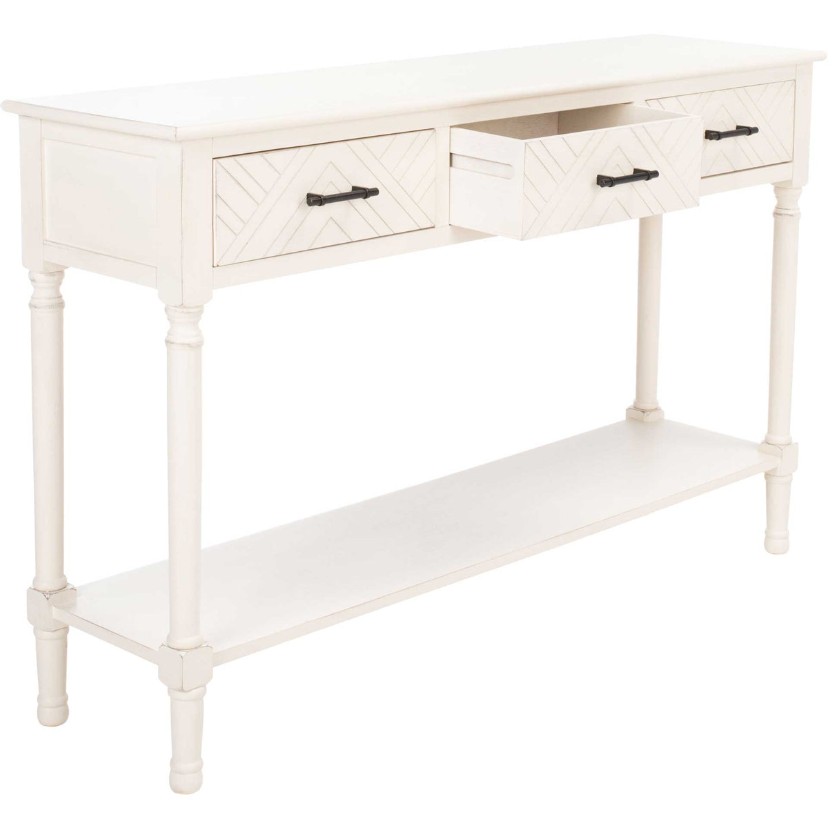 An open center drawer provides storage beneath the white wood top, flanked by patterned drawer fronts