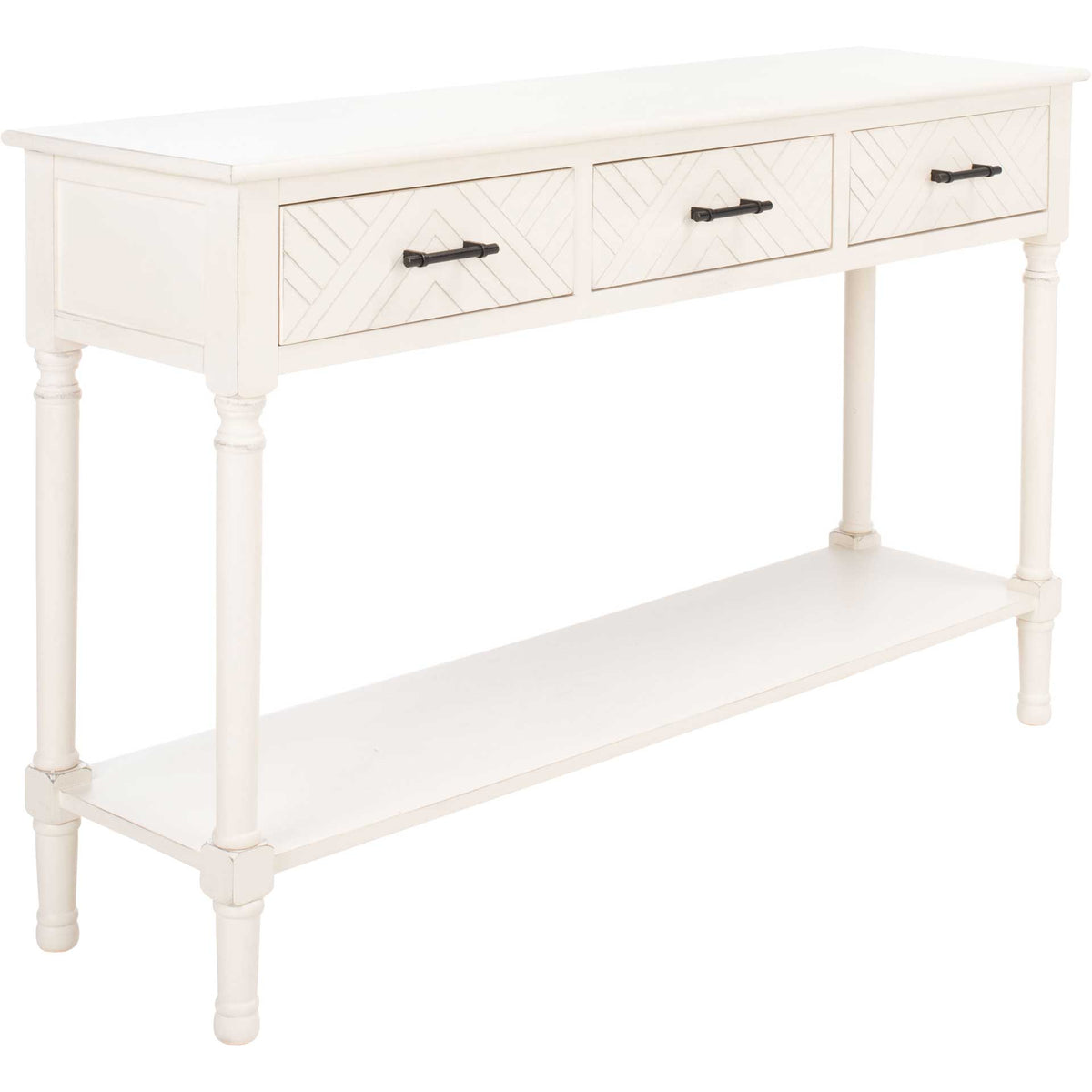 Distressed white console features three geometric drawers, dark pulls, turned legs, and a long lower shelf || CNS5705A || front_angle_studio