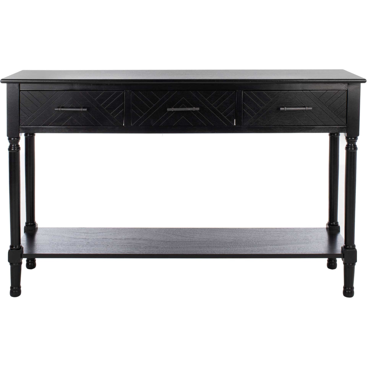 Three herringbone-patterned drawers span a black console with dark pulls and a broad lower shelf || CNS5705B || front_studio