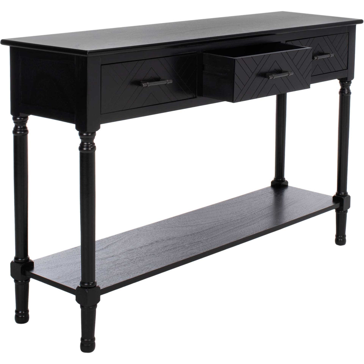 The center drawer opens for storage beneath a black tabletop, with two matching geometric drawers alongside