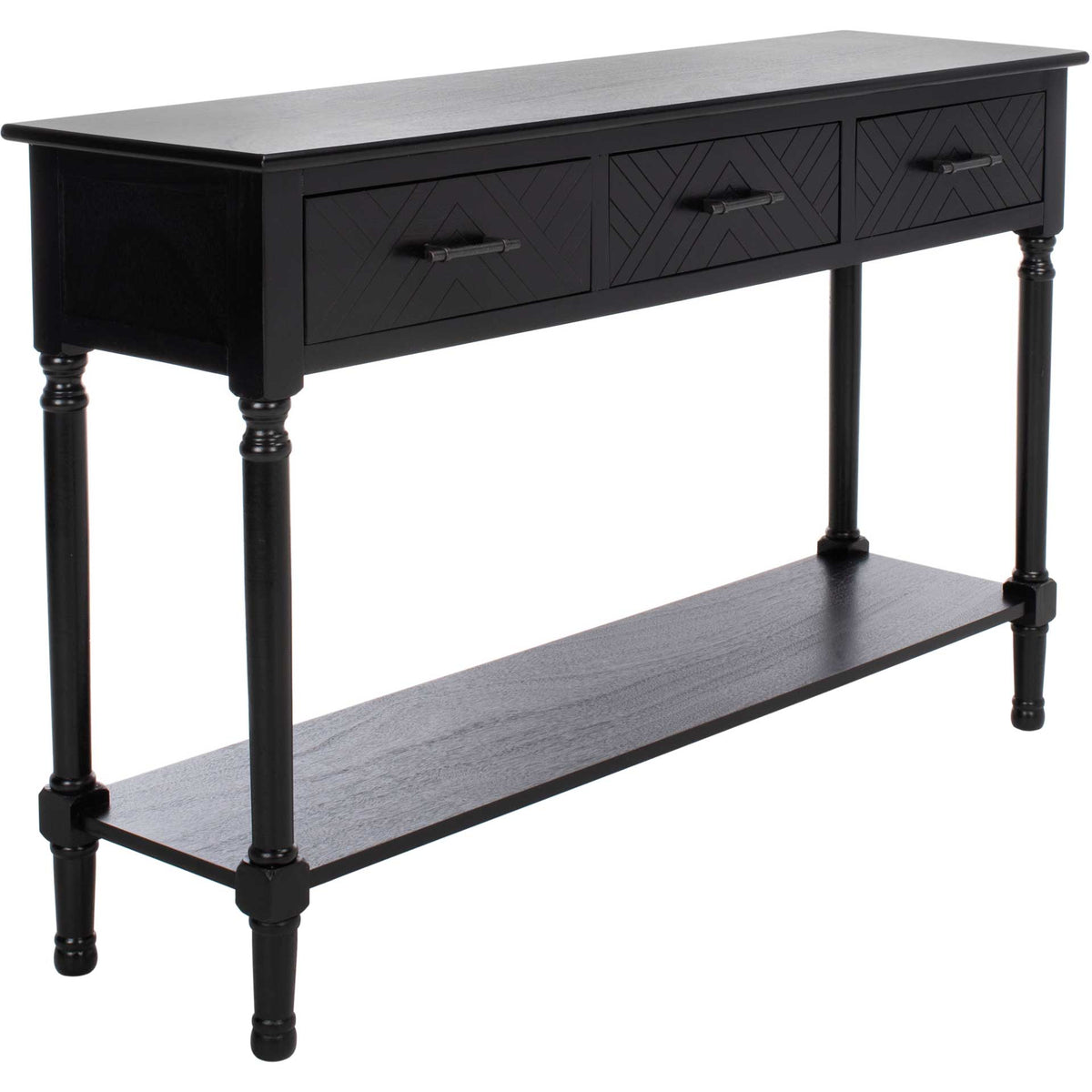 Black wood console combines three herringbone drawers with turned legs and a wide lower display shelf || CNS5705B || front_angle_studio