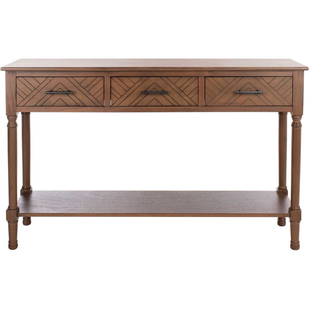 Three herringbone-front drawers with black pulls lend graphic detail to a warm brown console || CNS5705C || front_studio