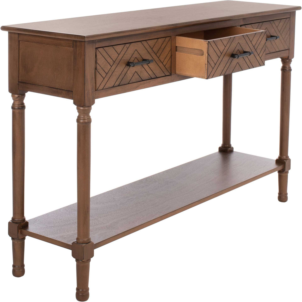 A center drawer slides open to reveal storage below the brown wood top and between patterned fronts