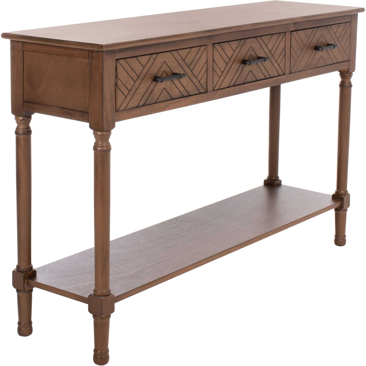 Brown wood console pairs three geometric drawers with turned supports and a full-length lower shelf || CNS5705C || front_angle_studio