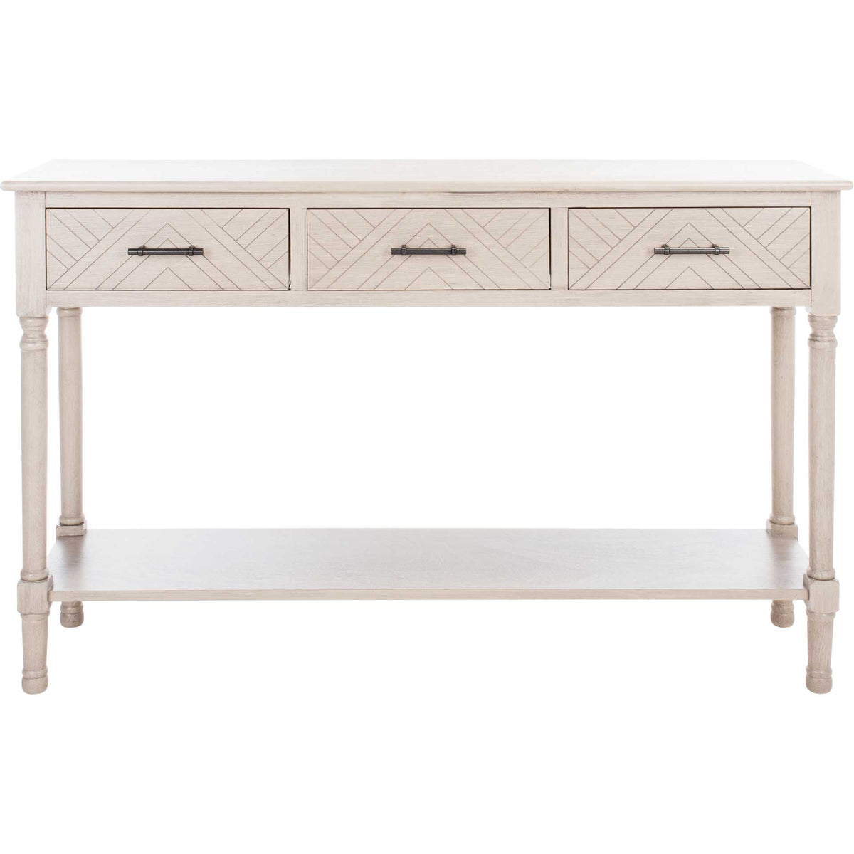Three geometric drawers with black metal pulls top a pale greige console and open lower shelf || CNS5705D || front_studio