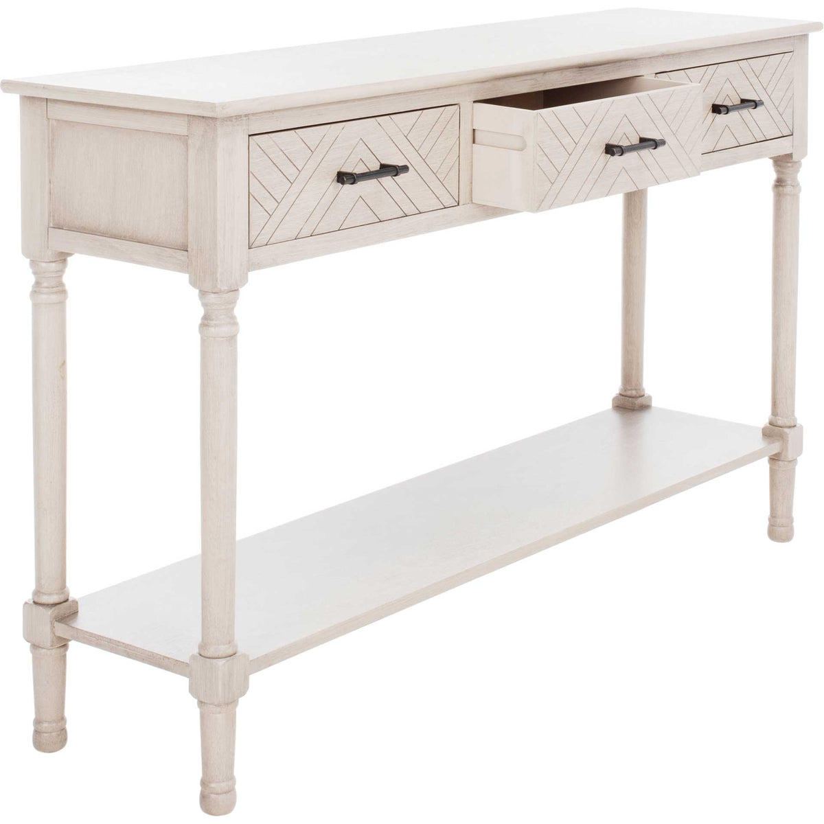 A center drawer opens to reveal storage between two patterned fronts above the greige console's long shelf