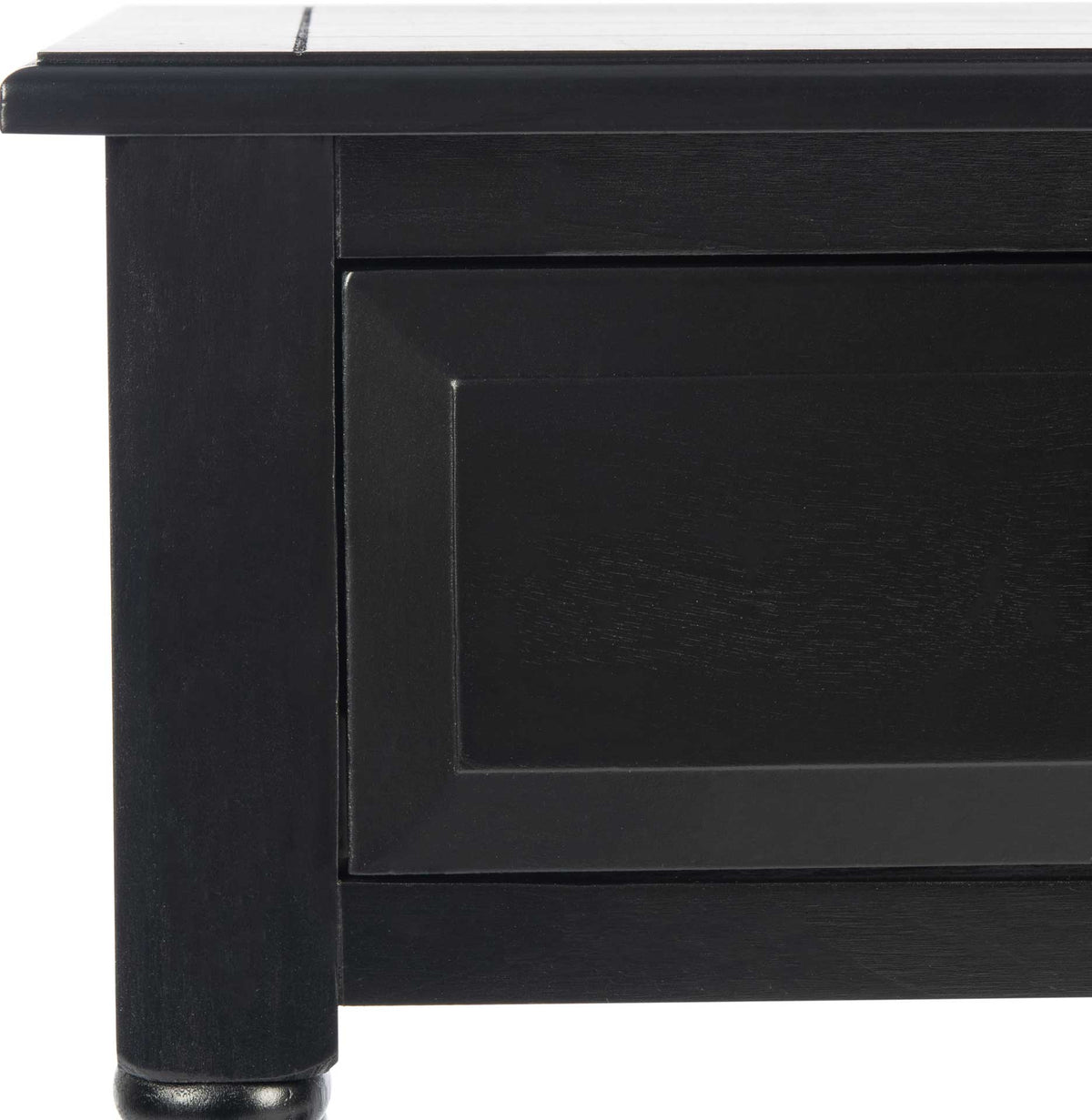 Framed drawer panel and subtle wood grain add depth to the console table's rich black finish.