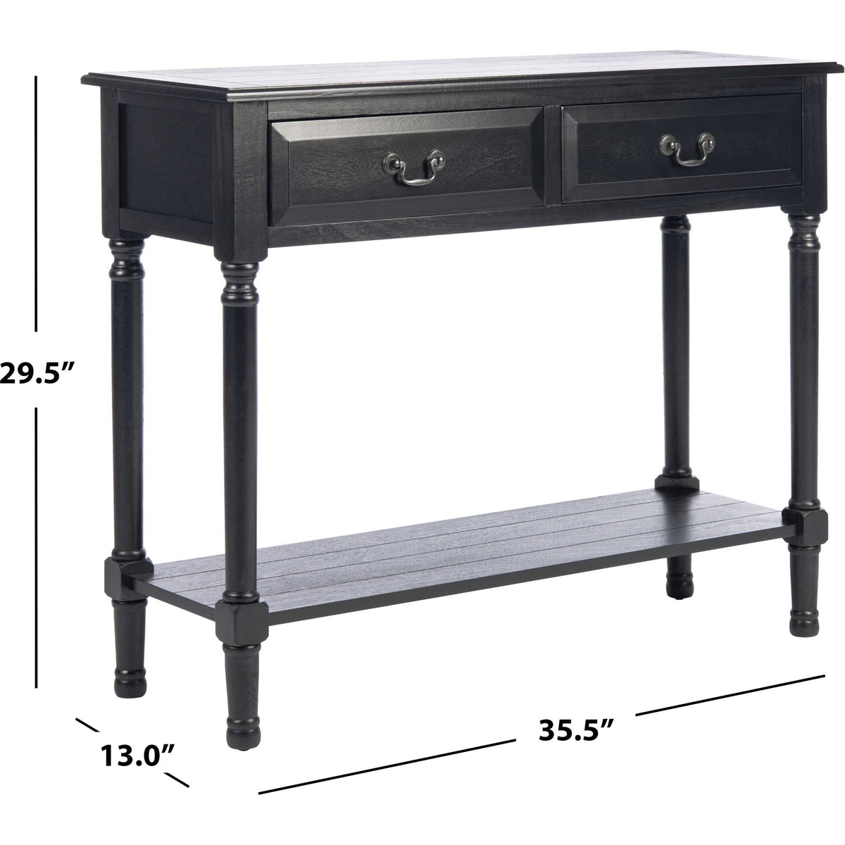 Black console table measures 35.5 inches wide, 13 inches deep, and 29.5 inches high.