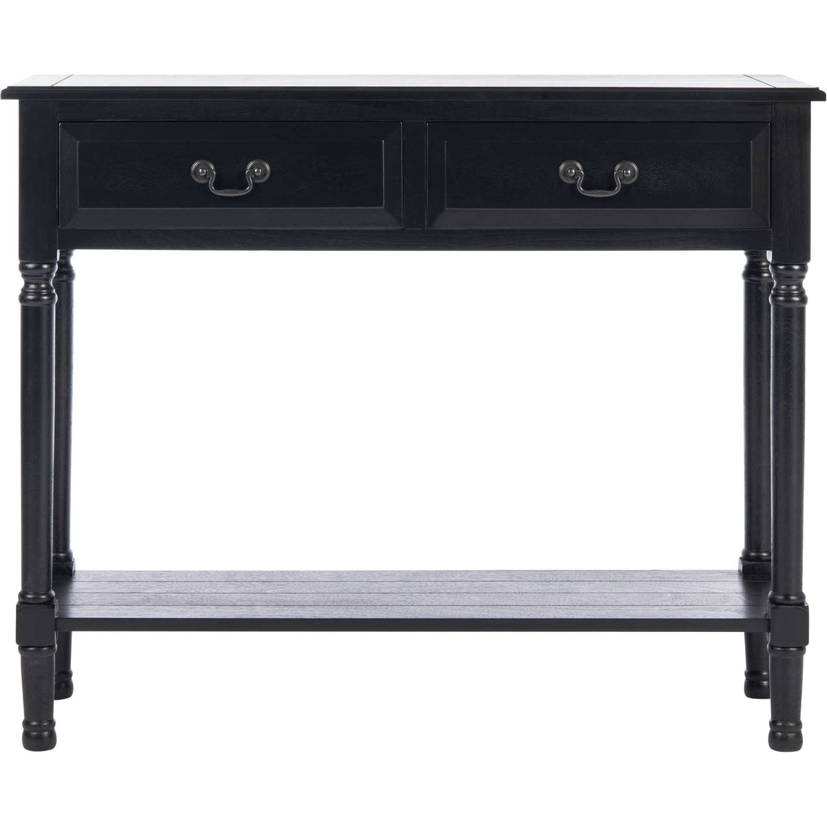 Classic black console table offers twin paneled drawers and an open shelf for storage and display. || CNS5706B || front_studio