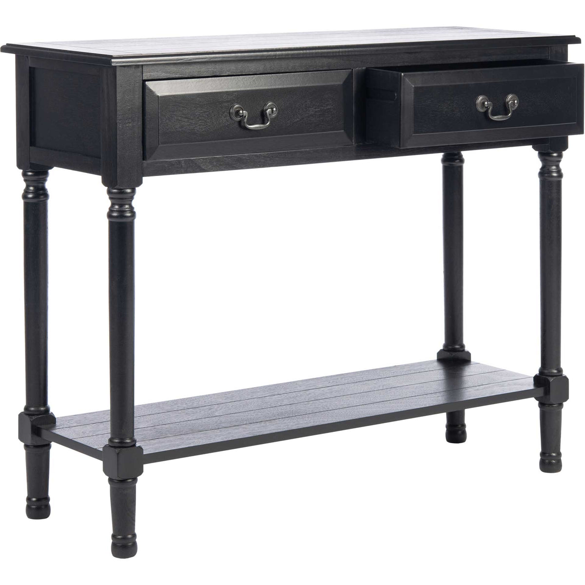 A pull-out drawer adds handy storage to this black console table with sculpted pulls and a low shelf.