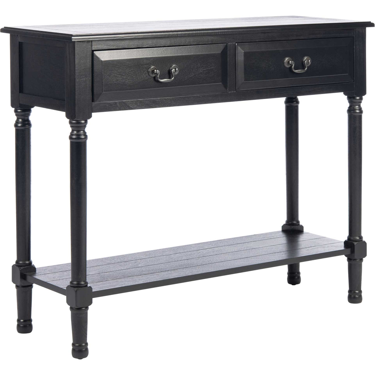 Deep black console table pairs two framed drawers with dark curved pulls, turned legs, and a long lower shelf. || CNS5706B || front_angle_studio