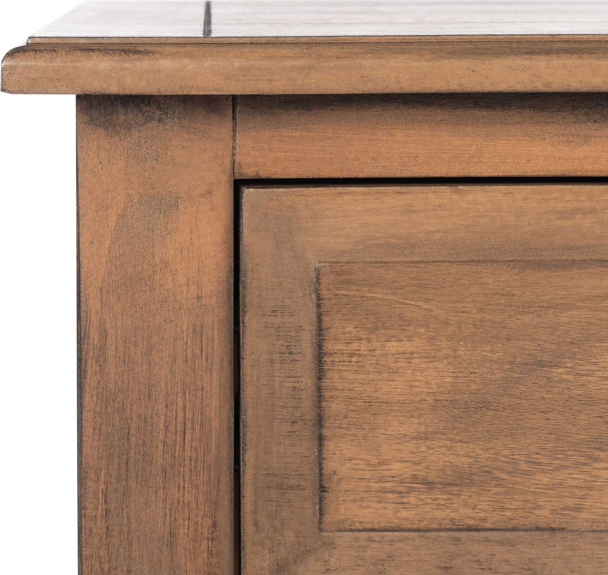 Subtle brown wood grain enriches the framed drawer and gently softened tabletop edge.
