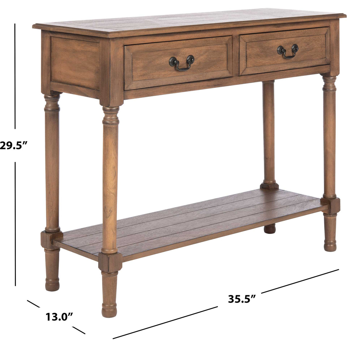 Brown two-drawer console table is 35.5 inches wide, 13 inches deep, and 29.5 inches high.