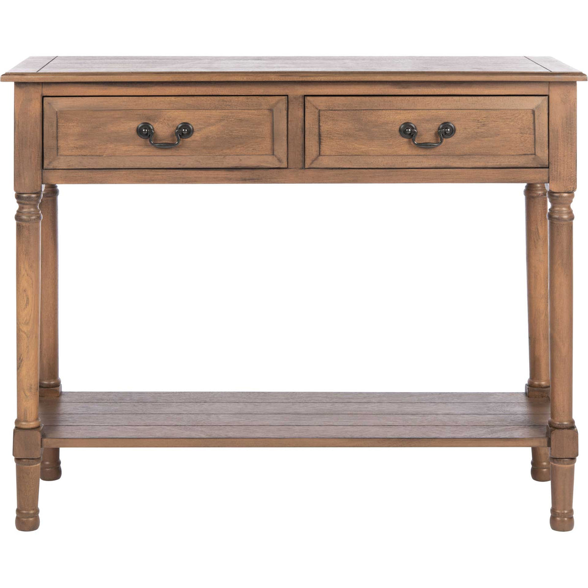 Two framed drawers and an open shelf make this warm brown console table ideal for storage and display. || CNS5706C || front_studio