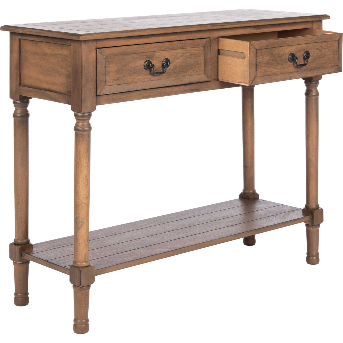 An open drawer offers easy access to storage in this brown console table with a spacious lower shelf.