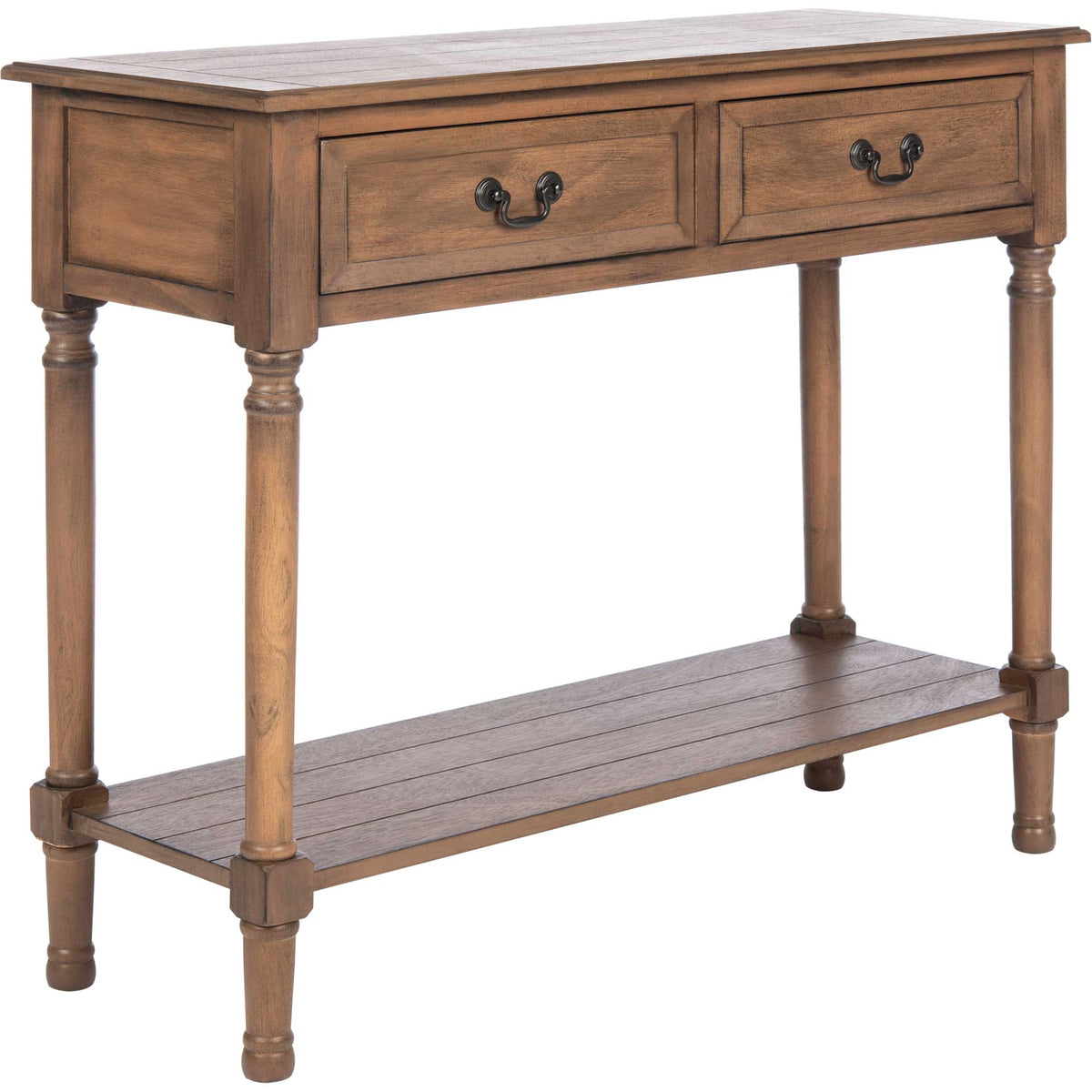 Warm brown console table pairs two framed drawers and dark metal pulls with a broad planked shelf. || CNS5706C || front_angle_studio