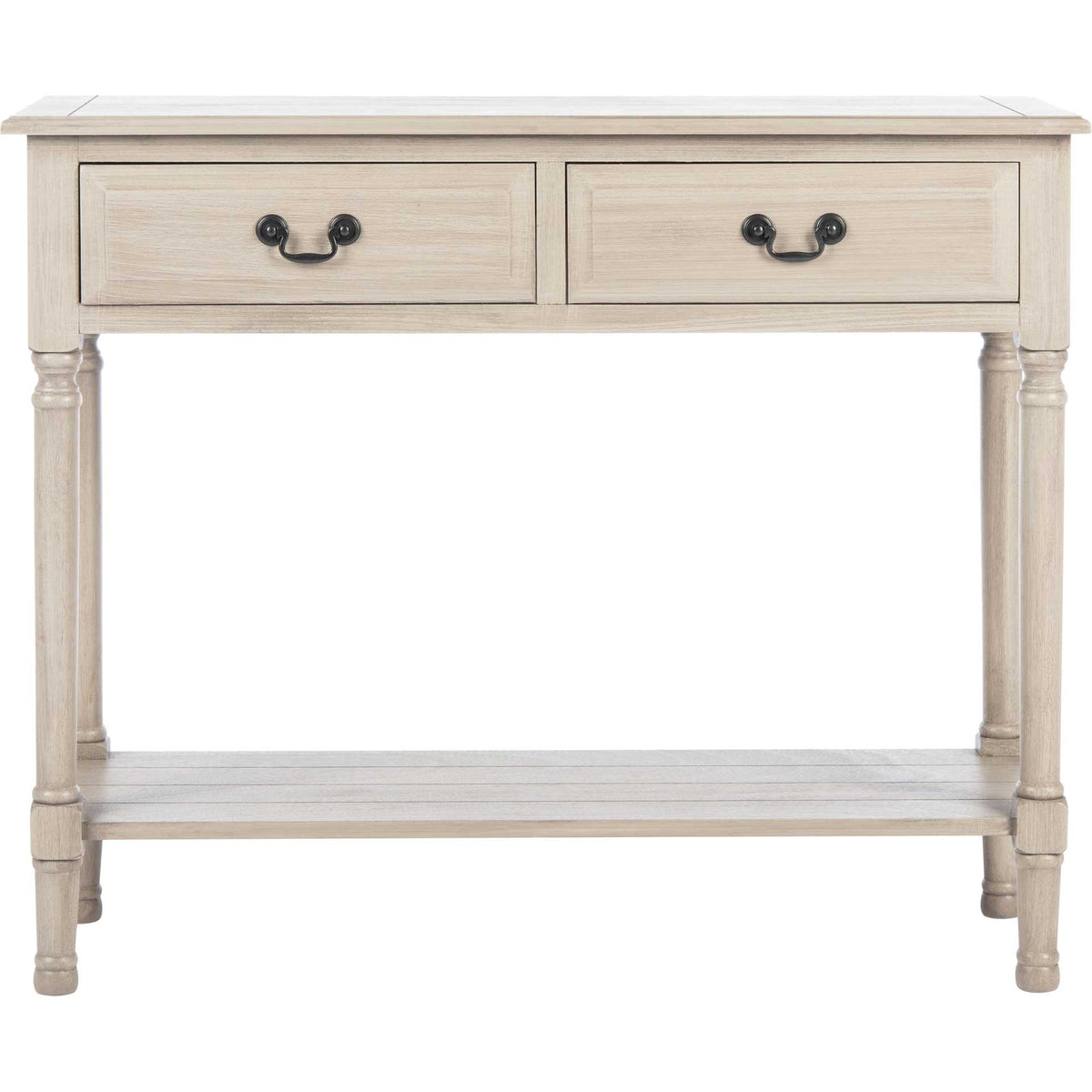Two paneled drawers with dark curved pulls give this light greige console table classic storage style. || CNS5706D || front_studio