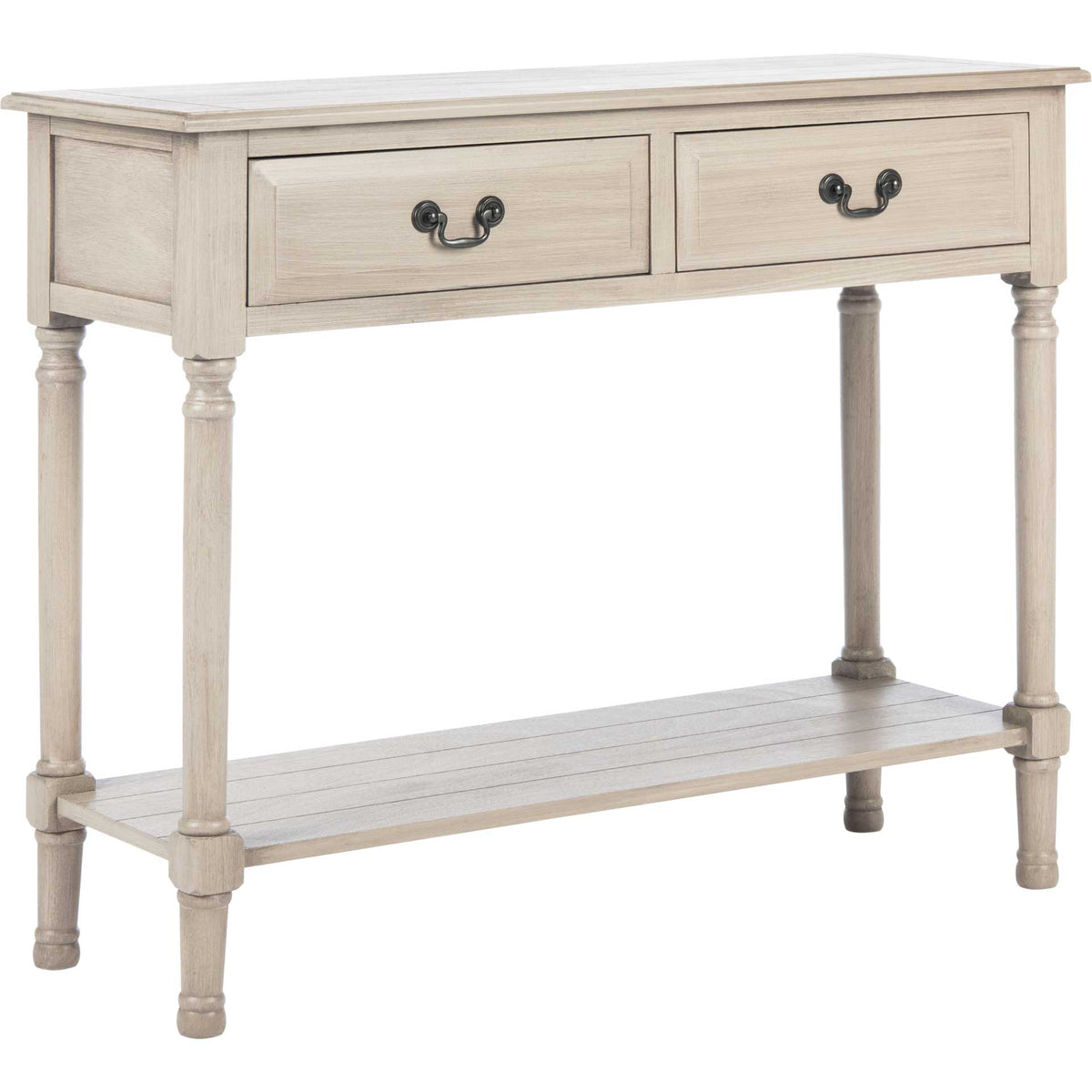 Soft greige console table combines twin paneled drawers, dark pulls, turned legs, and a long lower shelf. || CNS5706D || front_angle_studio