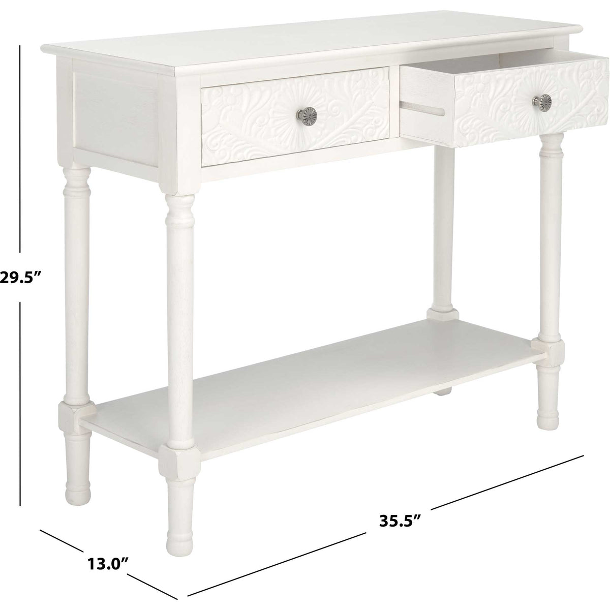 At 35.5 inches wide, 13 inches deep, and 29.5 inches tall, the white console offers slim, versatile storage.
