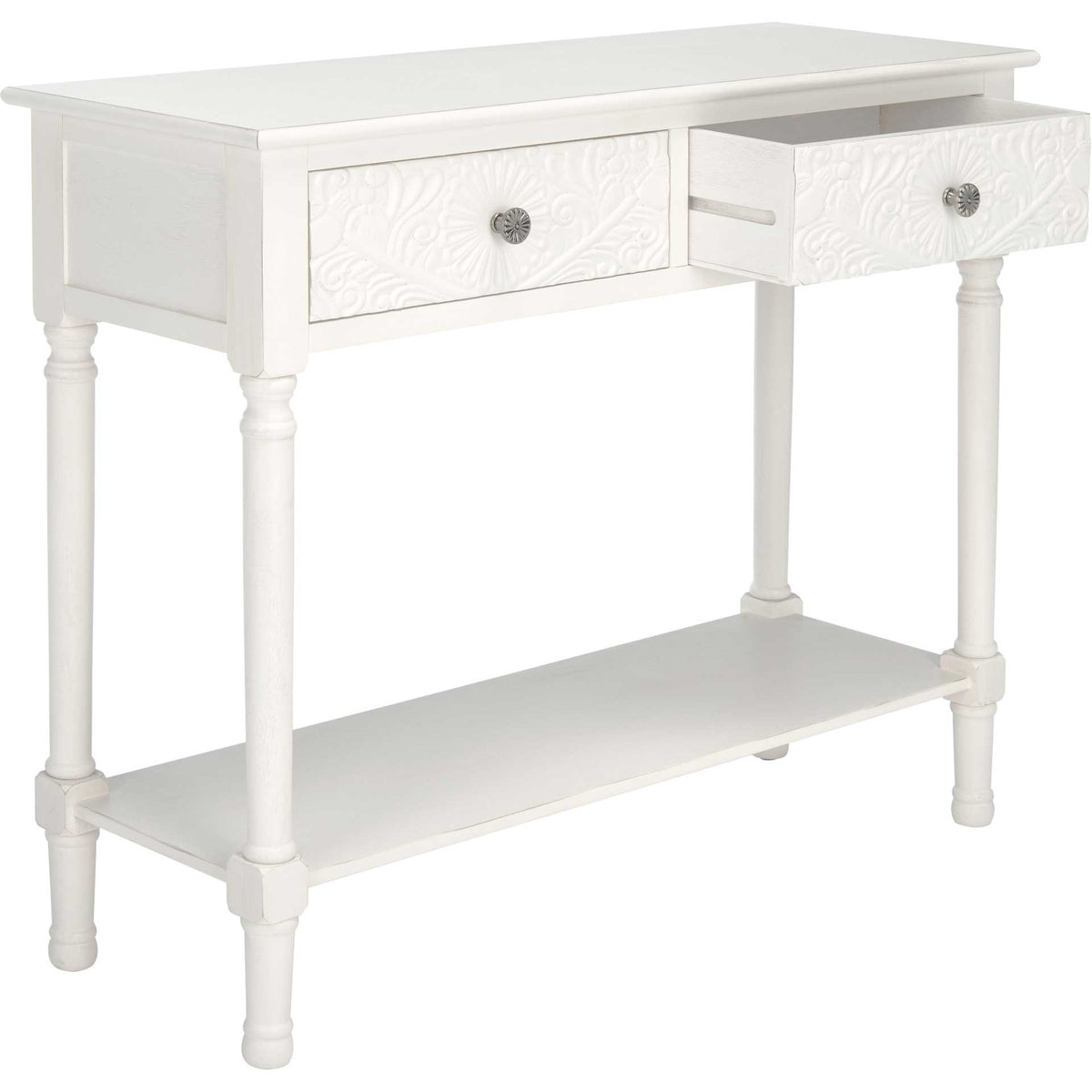 An open drawer reveals handy storage beneath a broad tabletop, while the lower shelf adds display space.