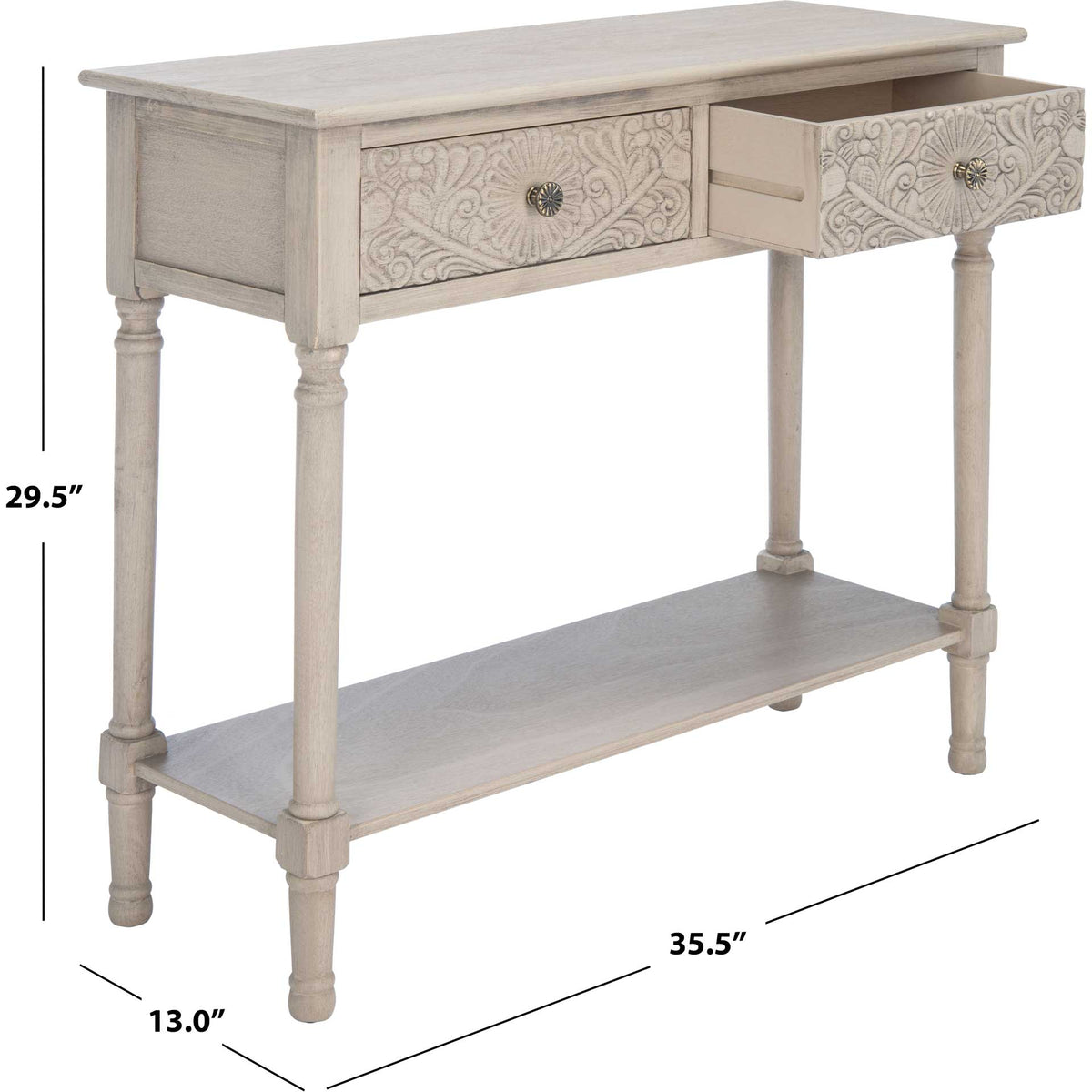 The greige console is 35.5 inches wide, 13 inches deep, and 29.5 inches high for slim storage.