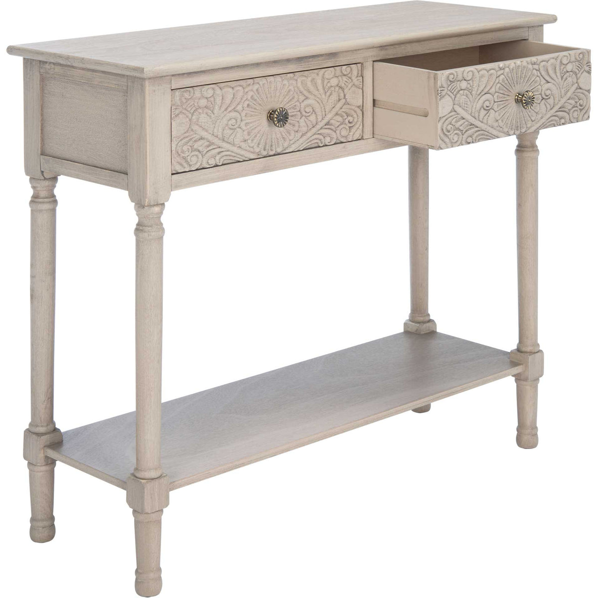 One open drawer reveals extra storage within the slim greige console above its lower shelf.
