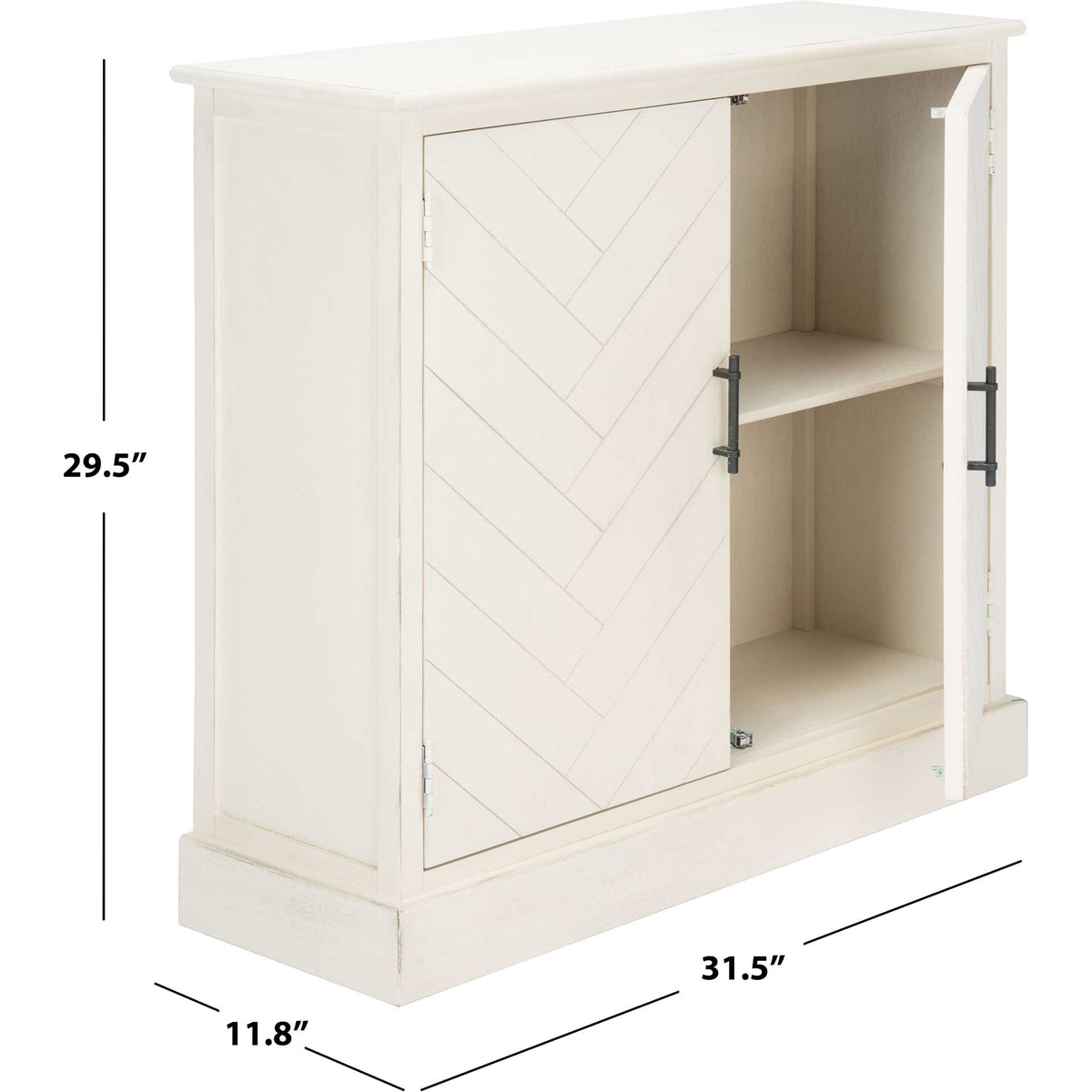 Distressed white two-door sideboard measures 31.5 inches wide, 11.8 inches deep, and 29.5 inches high.