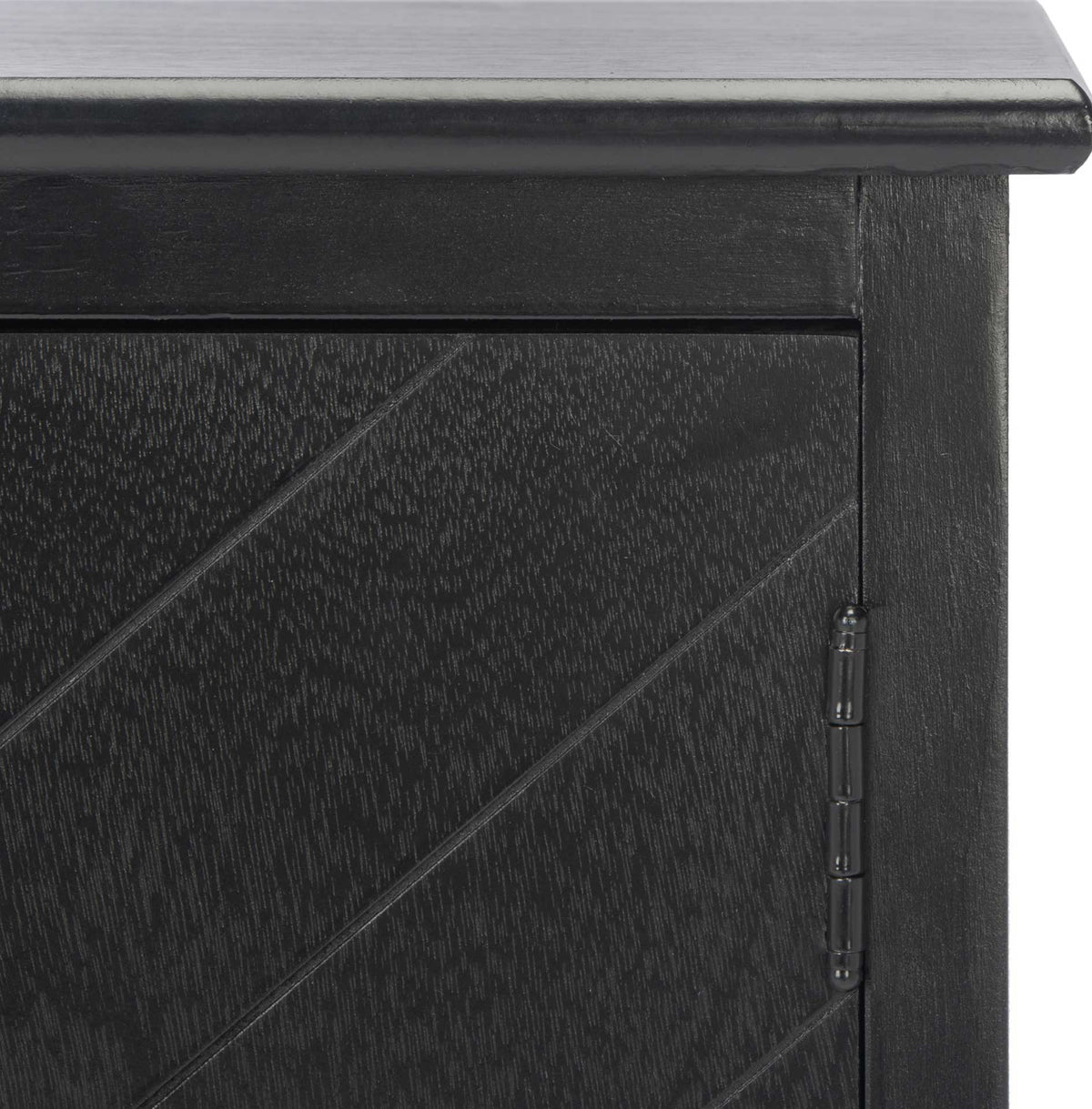 Fine wood grain and diagonal door grooves add texture beneath this sideboard's black finish.