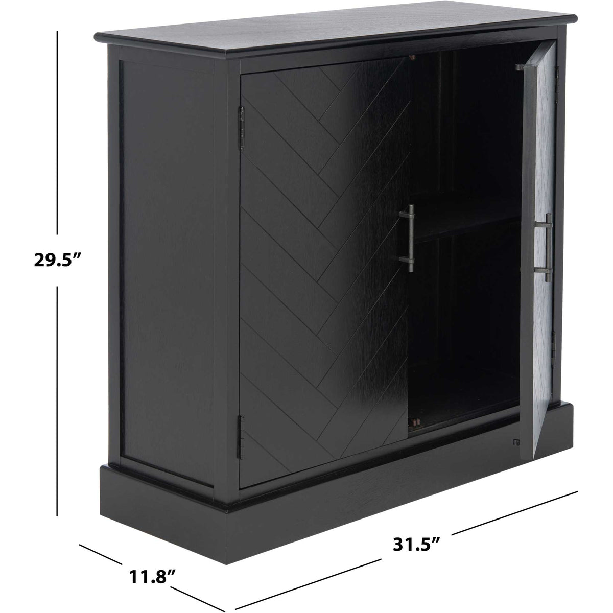 Compact black two-door sideboard measures 31.5 inches wide, 11.8 inches deep, and 29.5 inches high.