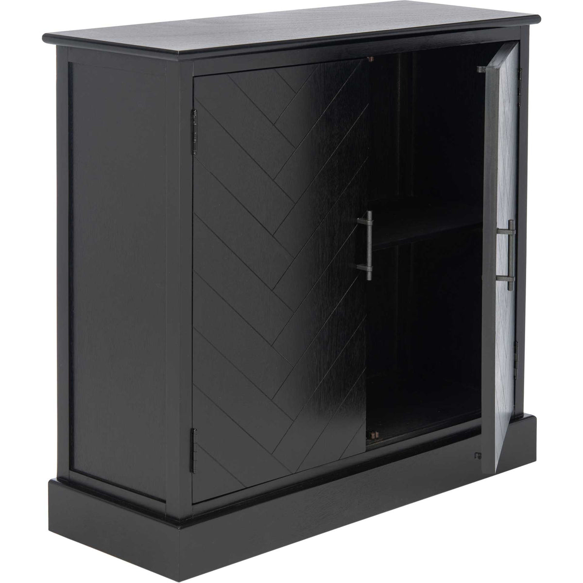 An open door reveals a fixed shelf and roomy storage inside the black chevron-front sideboard.