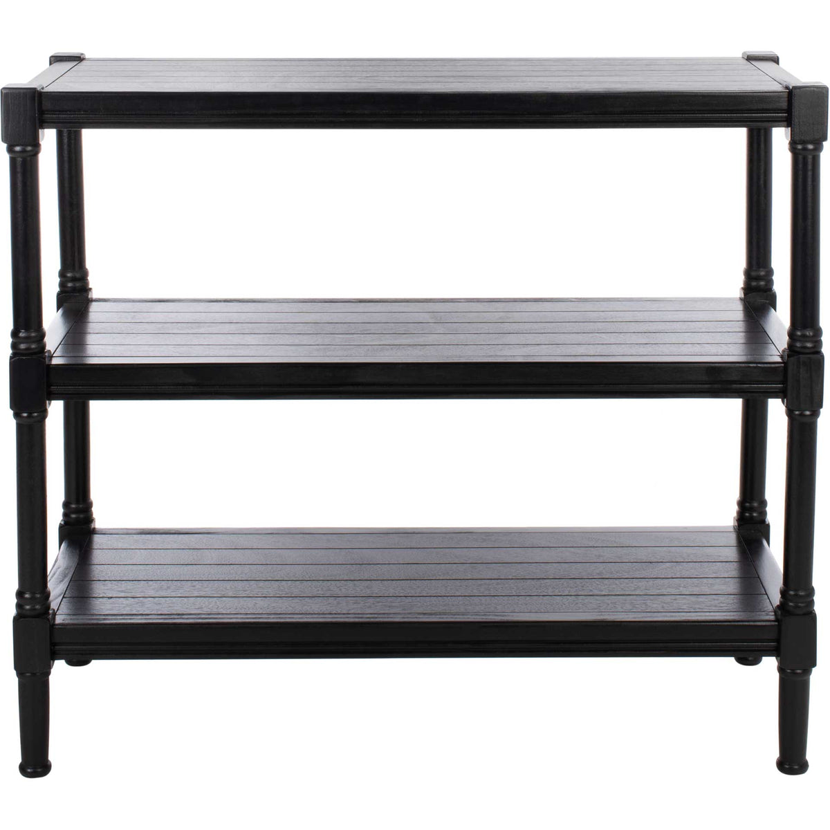 Three open shelves and a sleek black finish lend this console table understated elegance. || CNS5715B || front_studio