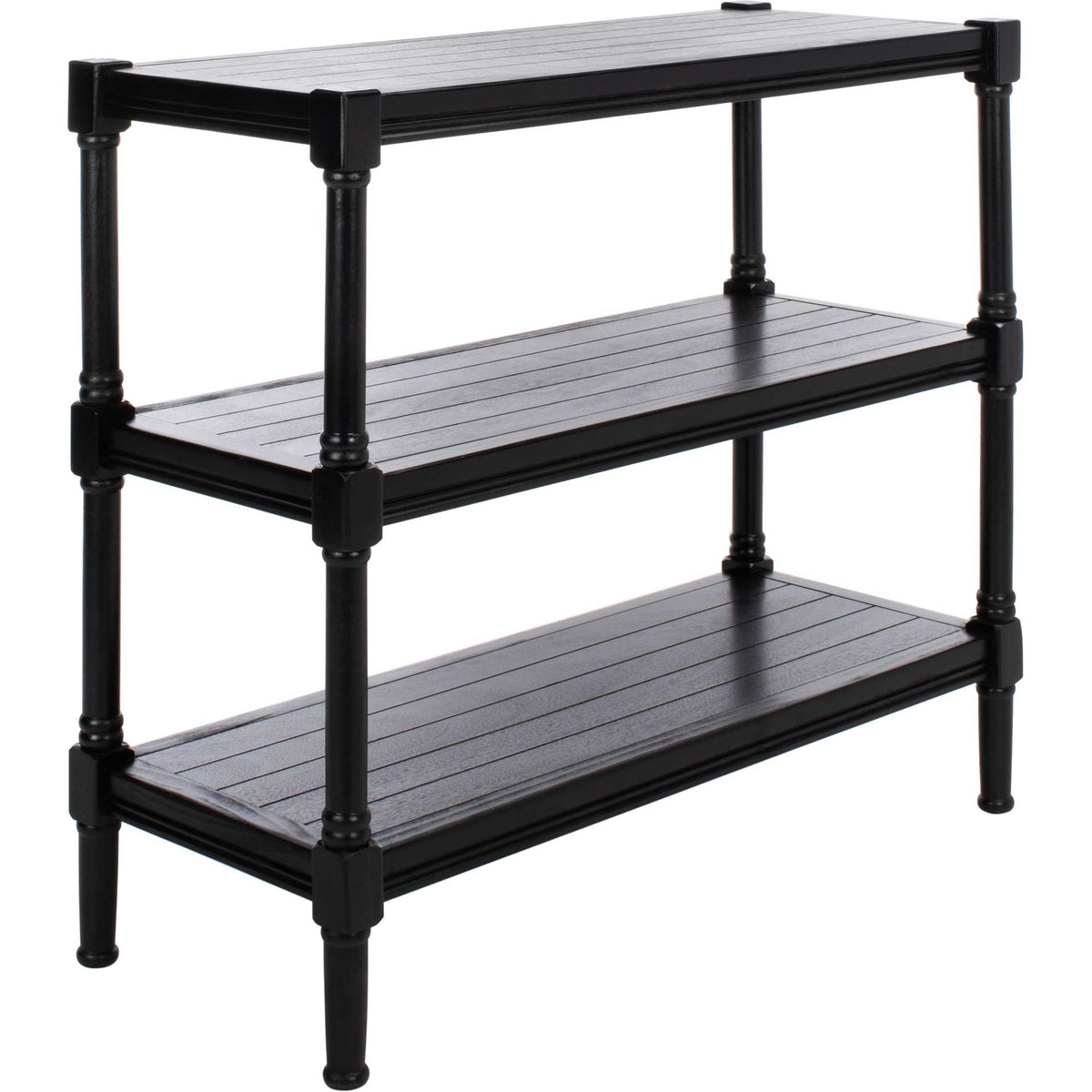 Grooved black tiers and turned legs bring a classic touch to open display storage. || CNS5715B || front_angle_studio