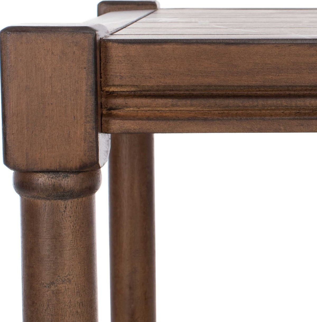 Warm brown wood grain and molded edges lend depth to the square-capped turned post.
