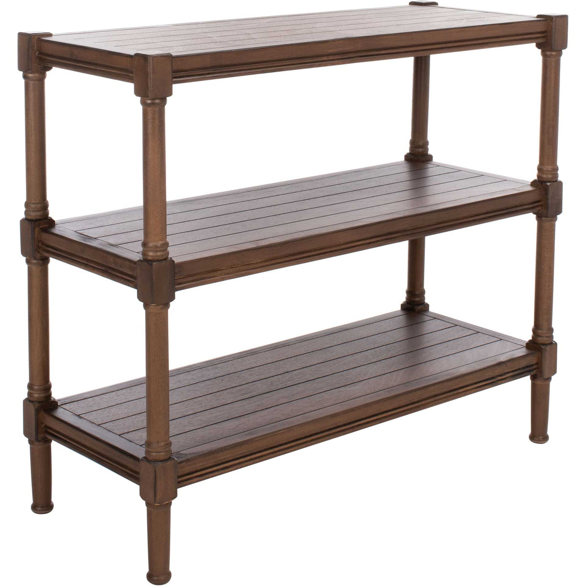 Grooved brown tiers and slim turned posts offer open storage with warm, classic character. || CNS5715C || front_angle_studio