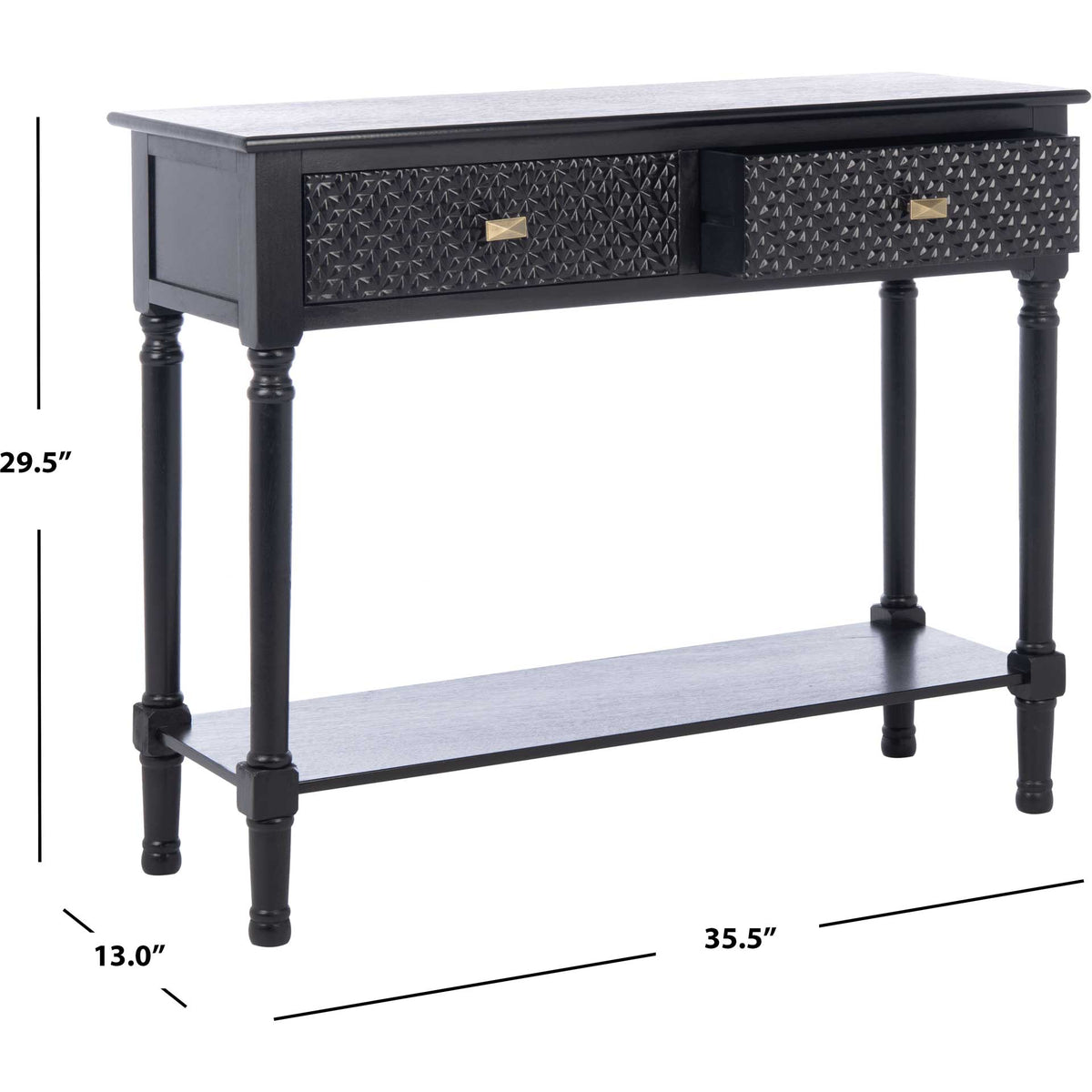 At 13 inches deep, this black console offers two textured drawers and a roomy lower shelf.