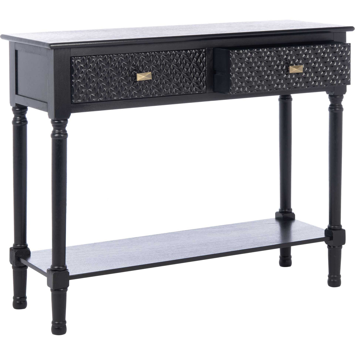 An open drawer offers handy storage in this black console with patterned fronts and turned legs.
