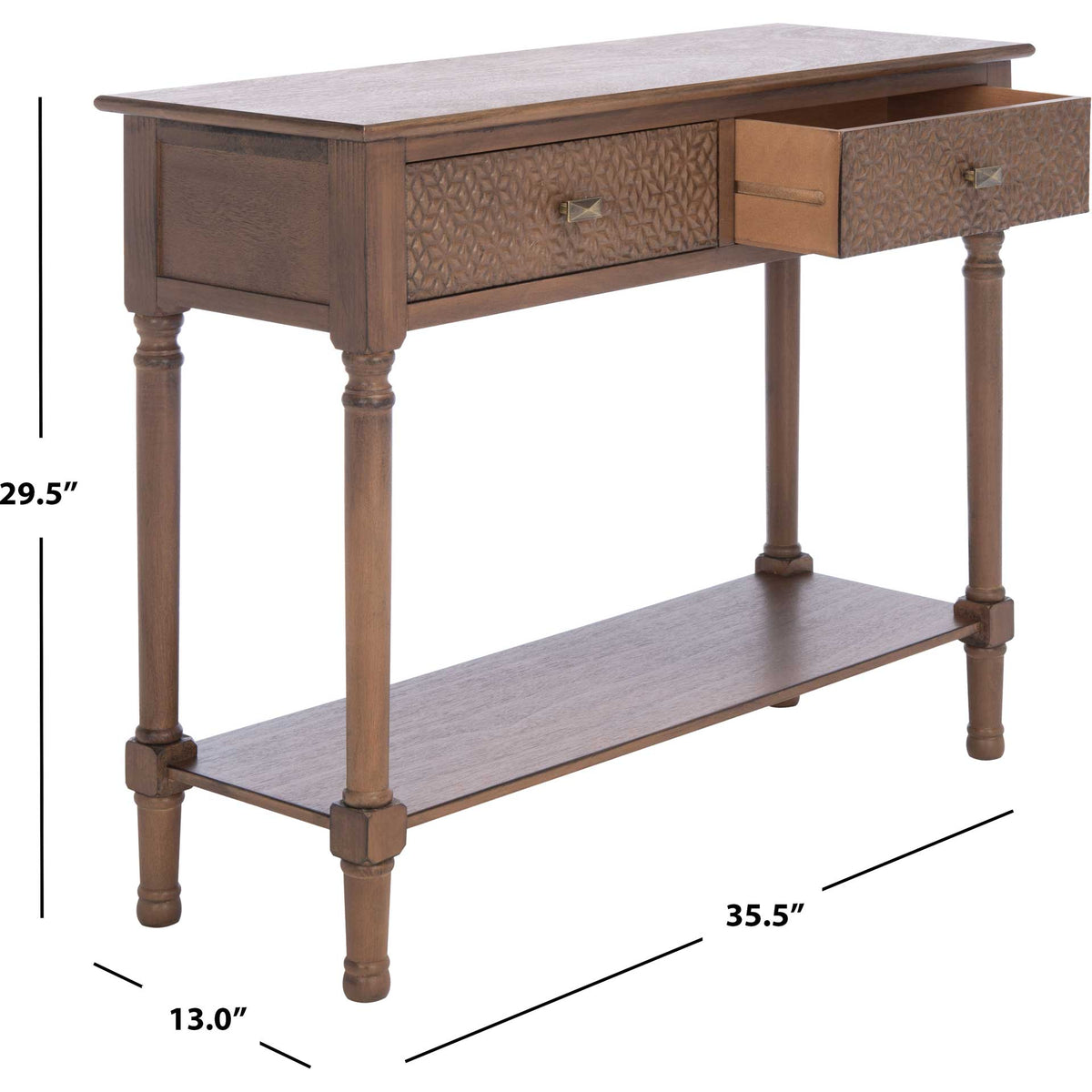 At 13 inches deep, this brown console provides two patterned drawers and an open shelf.
