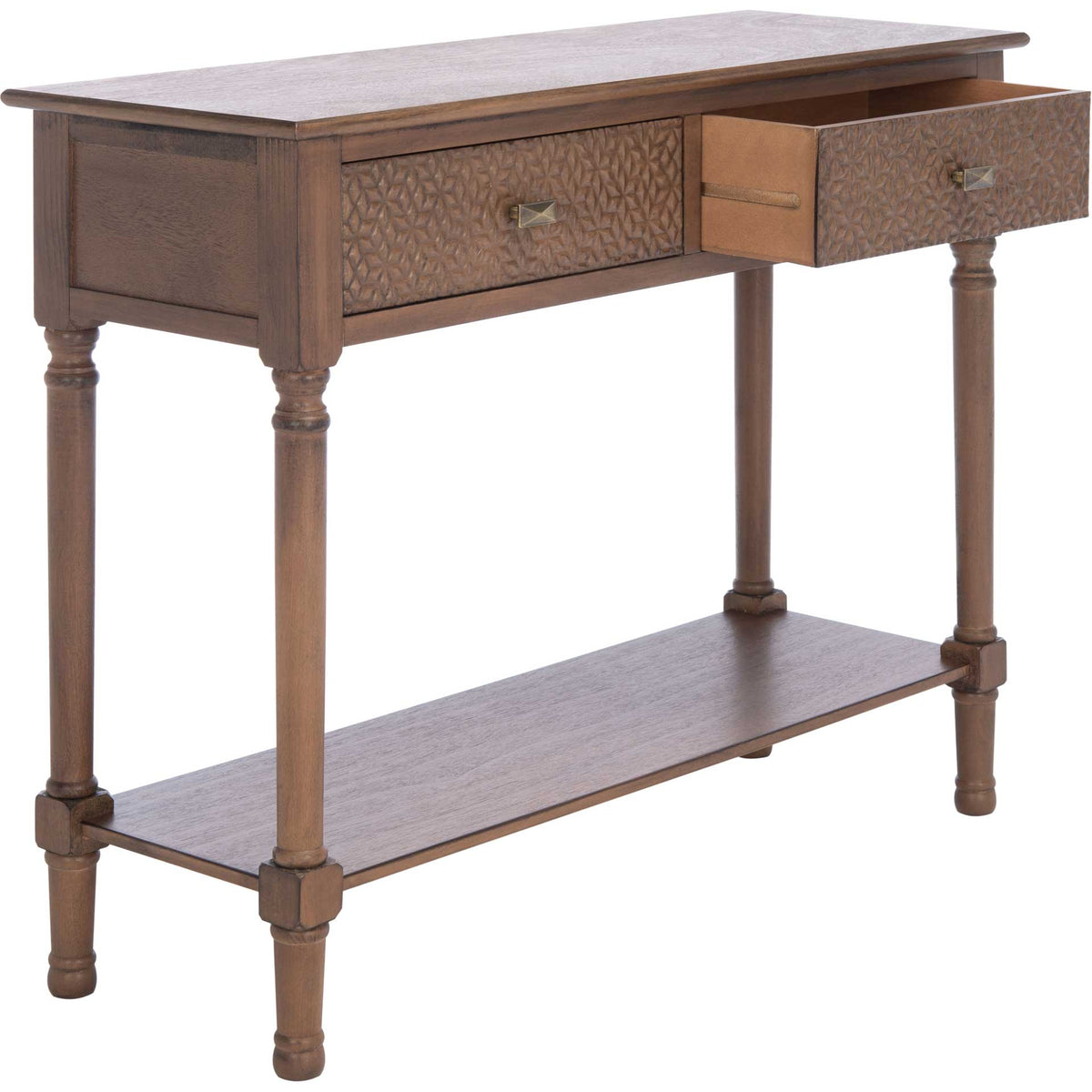 An open drawer reveals handy storage above the brown console's broad display shelf.