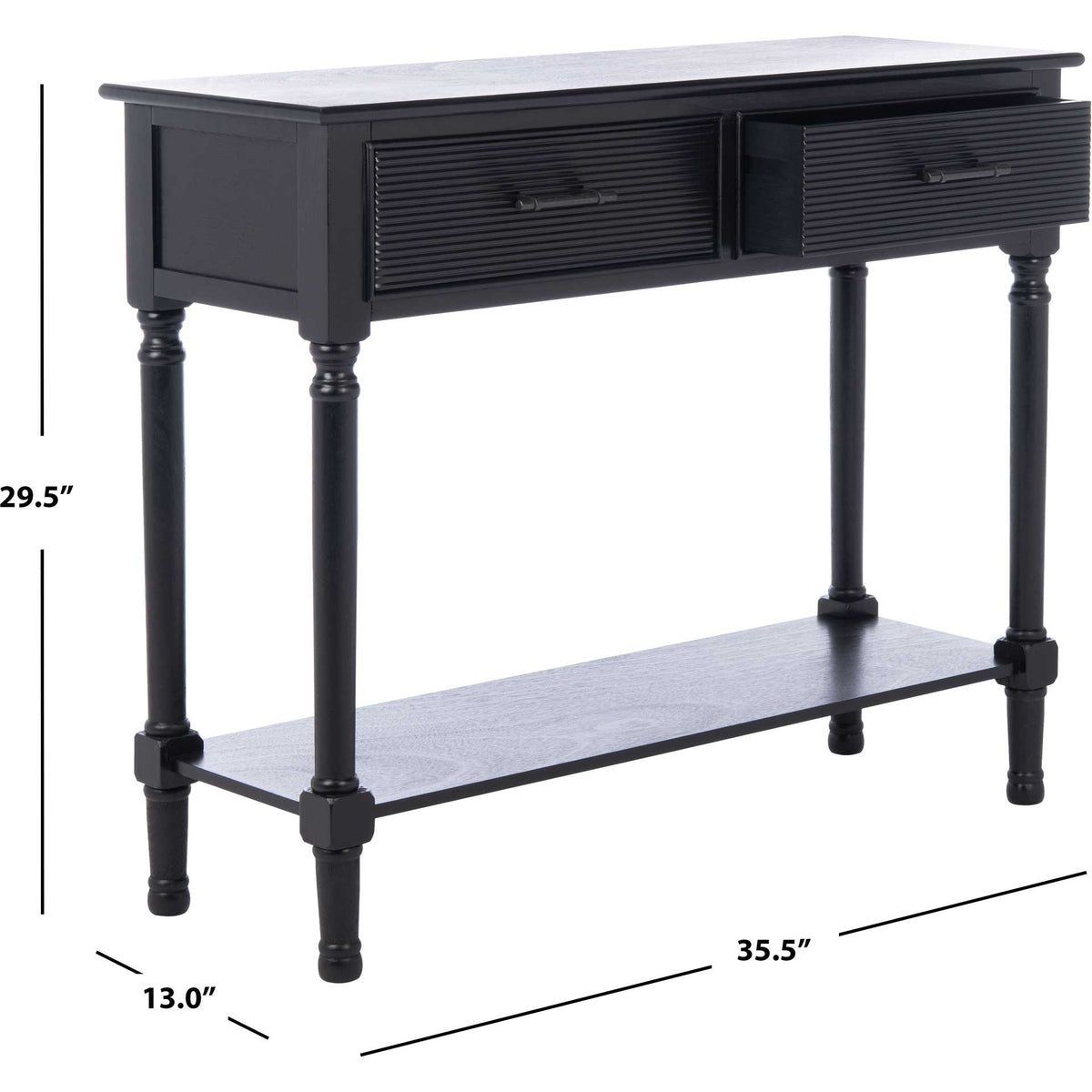 Black console table measures 35.5 inches wide, 13 inches deep, and 29.5 inches high.