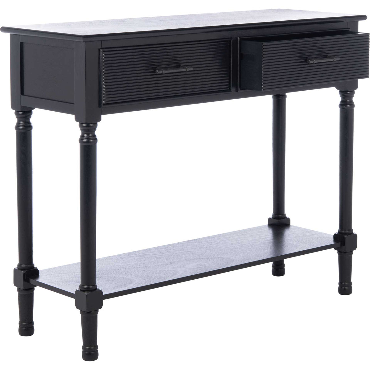 An open drawer offers storage above a broad lower shelf and turned black legs.