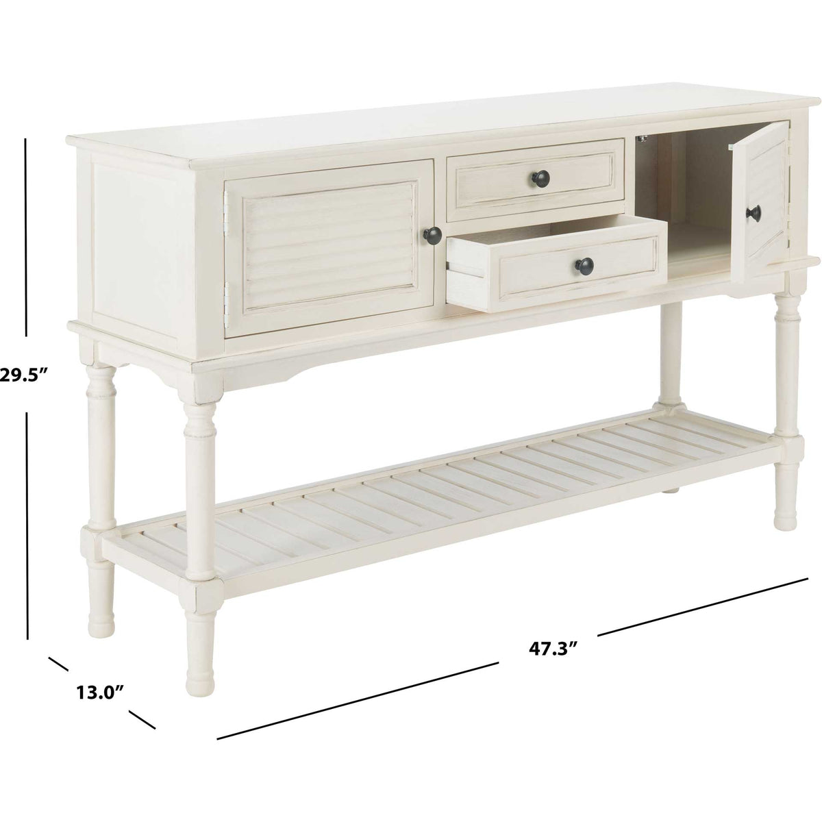 White console table measures 47.3 inches wide, 13 inches deep, and 29.5 inches high.