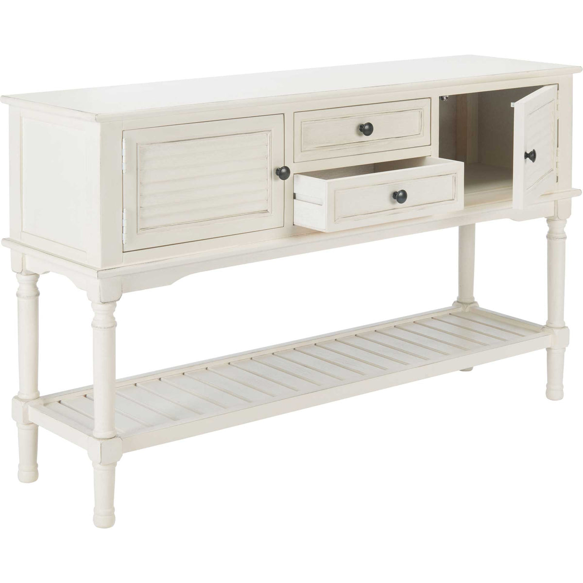 An open door and center drawer reveal the white console's storage compartments above its slatted shelf.